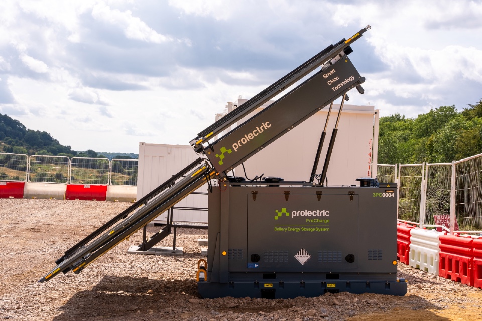 Prolectric ProCharge Solar Battery Energy Storage System (BESS) supplying renewable off-grid power to a large site compound on the Kier A417 Missing Link project.